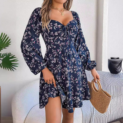 Meta  Digital Store  Fashion Floral Print Lantern Sleeve Dress Casual Sexy Tie Square Neck Long Sleeve A-Line Dress Women's Clothing