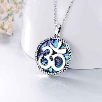 Meta  Fashion 925 Sterling Silver Yoga with Abalone Shell Indian Yoga Aum Om Ohm Symbol Pendant Necklace Jewelry