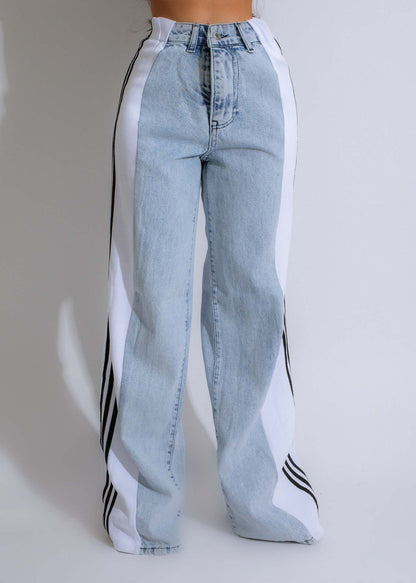 Meta  Digital Store  2024 Fashion Casual High Waist Elastic Straight Leg Trousers Three Stripe Patchwork Denim Wide Leg Pants Streetwear