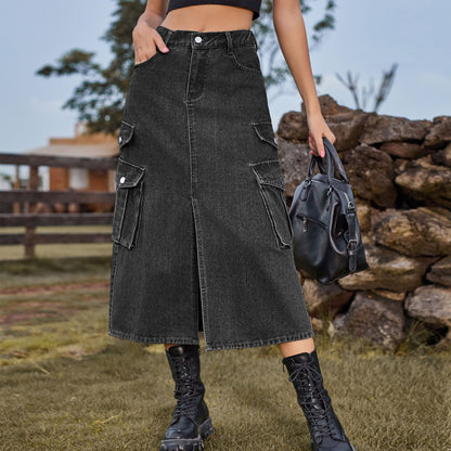 Women's Denim Cargo Pants Casual Skirt