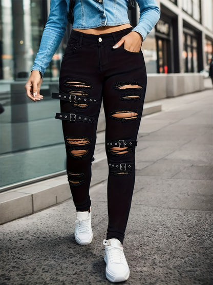 Meta Digital Store Women Jeans Fashion  Black Tight Stretch Skinny Trousers Women's Ripped Denim Trousers