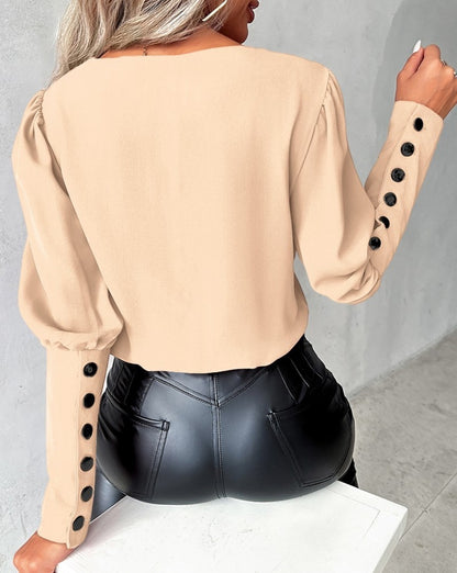 Meta  Digi Store  Fashion V-neck Long Sleeve Blouse With Button Design Commuter Leisure Solid Shirt Top Womens Clothing