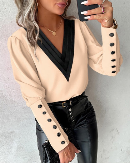 Meta  Digi Store  Fashion V-neck Long Sleeve Blouse With Button Design Commuter Leisure Solid Shirt Top Womens Clothing