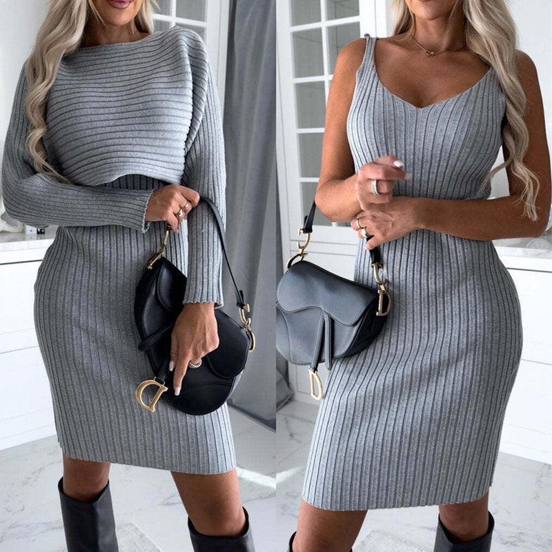 Meta  Store 2pcs  Suit Women's Solid Stripe Long-sleeved Top And Tight Suspender Skirt Fashion Autumn Winter Slim Clothing