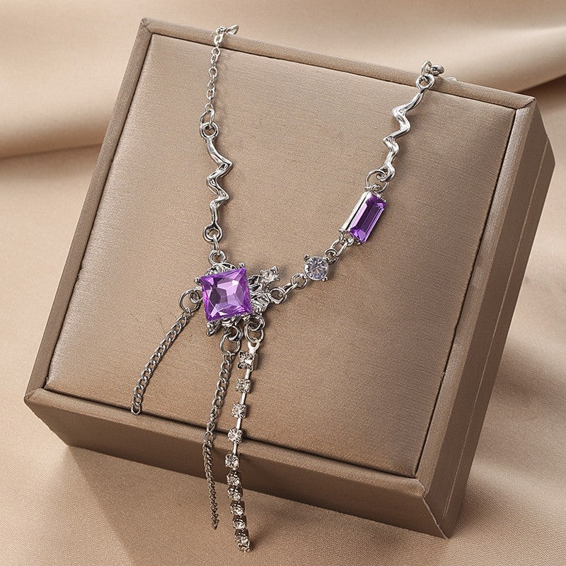 Meta Digital Store Jewelry Super Fairy Temperament Purple Square Crystal Necklace For Women, Sweet And Cool Long Style, Tassel Niche, High-end Design, Collarbone Chain