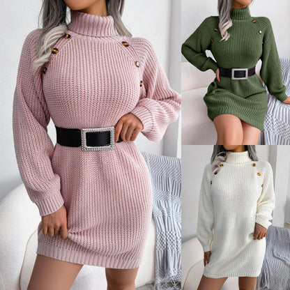 Meta Digital Store Winter Turtleneck Lang Trui Rok Met Knoppie Ontwerp Ontspanning Clinch Langmou Basis Trui Vroue