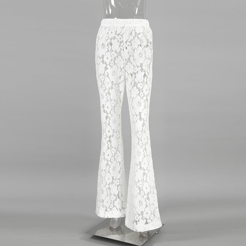 Cotton Lace White Jacquard See-through High Waist Casual Flared Pants