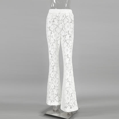 Cotton Lace White Jacquard See-through High Waist Casual Flared Pants