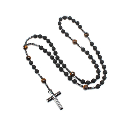 Meta Digital Store Bible Natural Stone Black Volcanic Rock Yellow Tiger Eyes Haematite Cross Religion Men's Necklace Beads