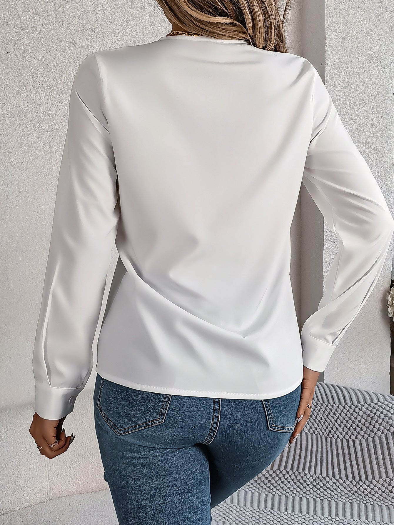 Meta  Digital Store  Fashion V-Neck Long Sleeve Shirt Elegant Commuter Solid Blouse Office Women's Clothing