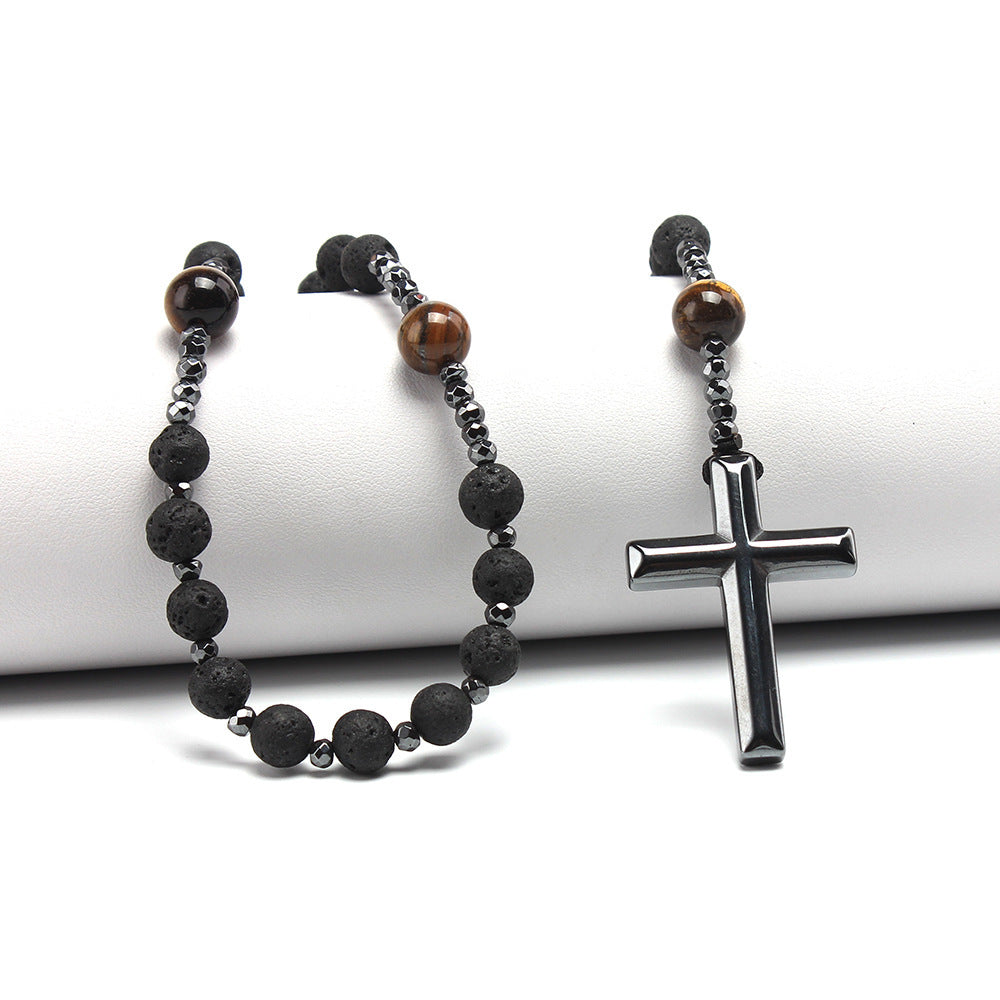 Meta Digital Store Bible Natural Stone Black Volcanic Rock Yellow Tiger Eyes Haematite Cross Religion Men's Necklace Beads