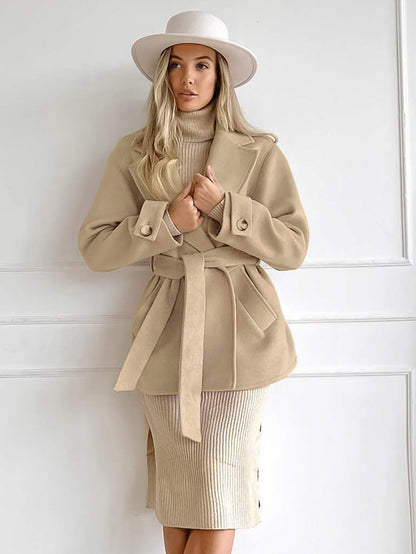 Digital  Woman Fashion  Retro Khaki Suit Collar Trench Coat Coat