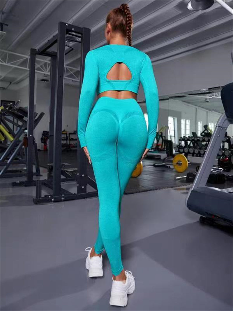 Meta Vrou Mode 2 stuks Sportpakke Langmou Hol Ontwerp Tops En Boude Opheffing Hoë middellyf Naatlose Fiksheid Leggings Sport Gimnasium Sportdrag Uitrustings Klere