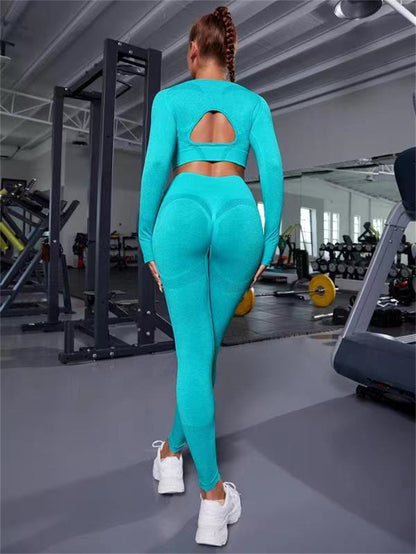 Meta  Woman Fashion  2pcs Sports Suits Long Sleeve Hollow Design Tops And Butt Lifting High Waist Seamless Fitness Leggings Sports Gym Sportswear Outfits Clothing