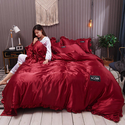 Suiwer Kleur Gewasde Sy Bedlaken Ys Sy Vierdelige Bedlaken Duvet Cover